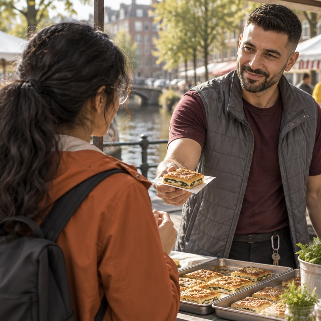 Deniz offers Priya a piece of warm börek across the folding table.