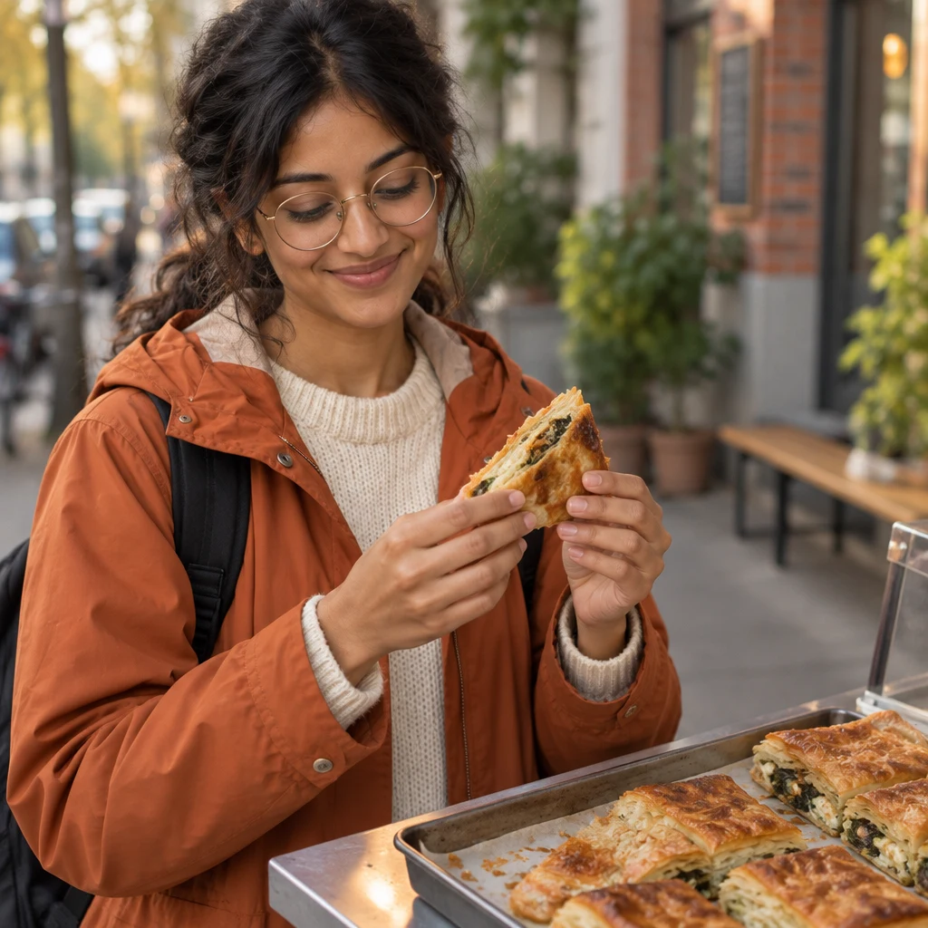 Priya holds an unbitten piece of spinach börek just before trying it.