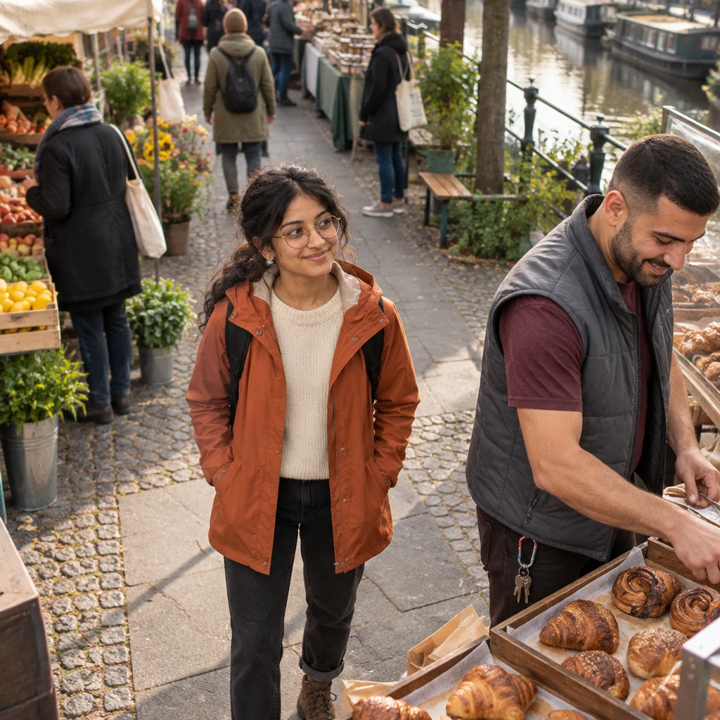 Priya pauses beside the pastry stall and looks along the unfamiliar canal market.