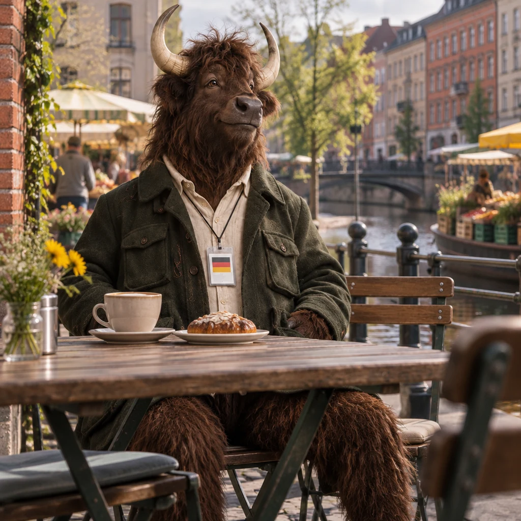 Anton sits across adjoining chairs at the next table with a full Milchkaffee and an uneaten pastry.