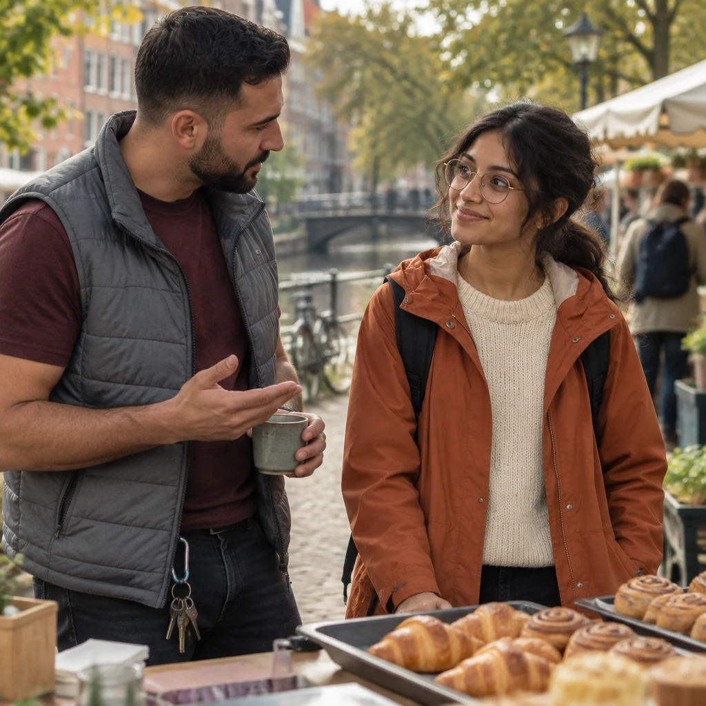 Deniz turns toward Priya with an attentive, questioning expression beside the pastry stall.