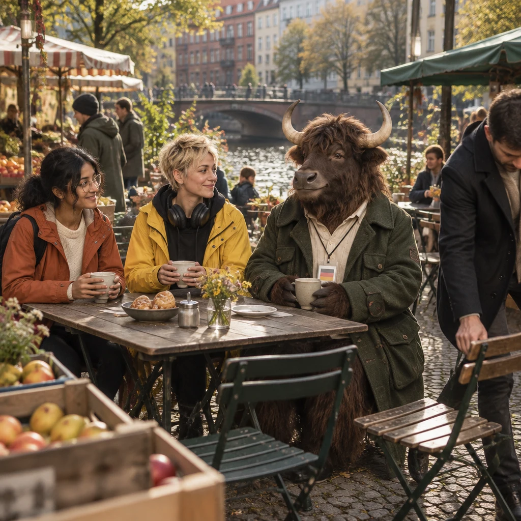 Priya, Jule, and Anton approach an outdoor canal-side cafe table as a diner stands up from the nearby seat.