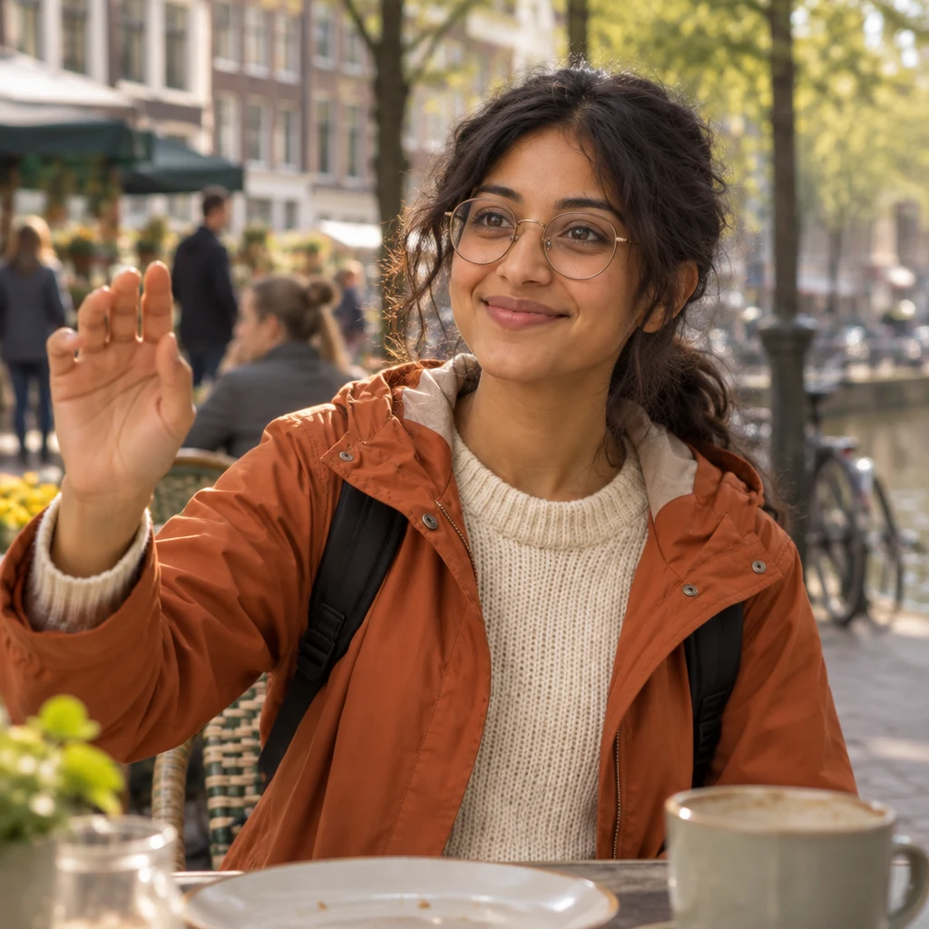 Priya raises a hand toward a server after the meal.