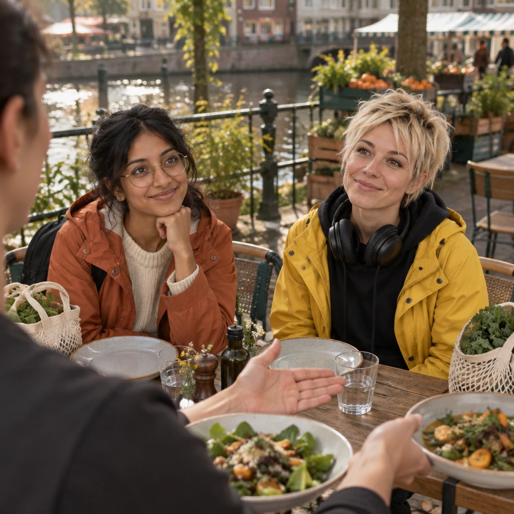 The server gestures to Priya and Jule, asking whether they will pay together or separately.