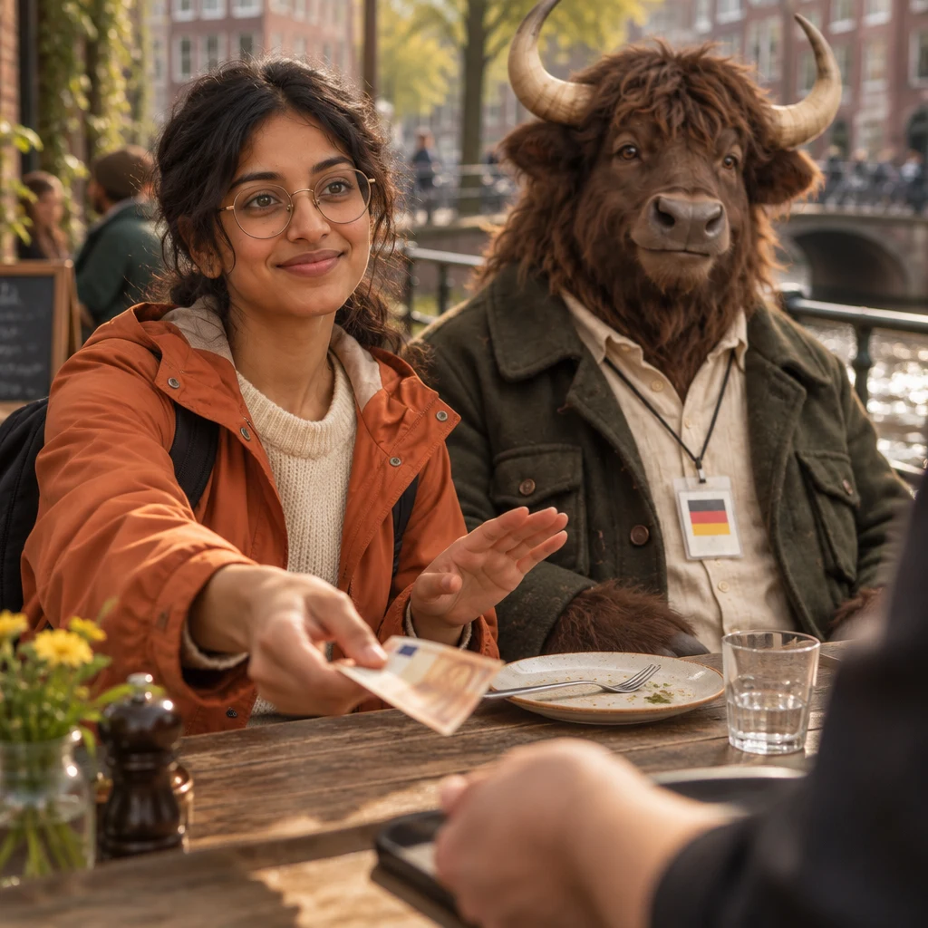 Priya offers a folded banknote to the server with a gentle palm-down gesture while Anton sits beside her.