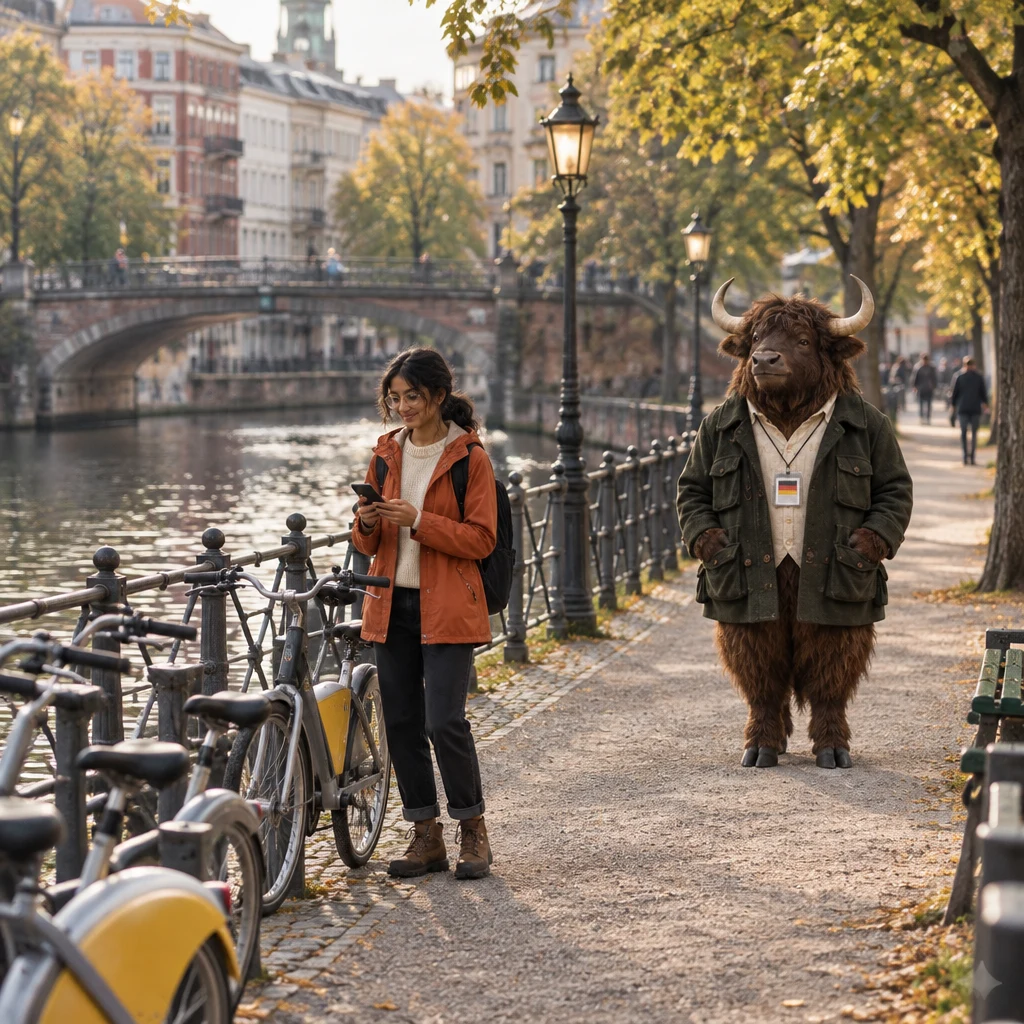 Priya stands beside one hire bike with her phone while Anton waits on the canal path.