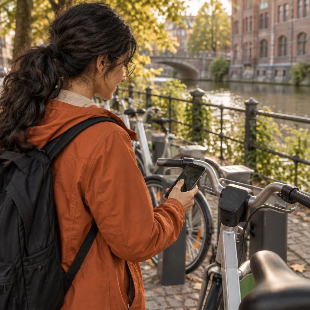 Priya uses her phone beside a docked hire bike as she chooses it to rent.