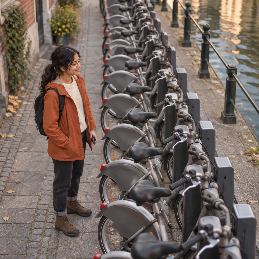 Priya looks over a packed hire-bike dock with no empty spaces.