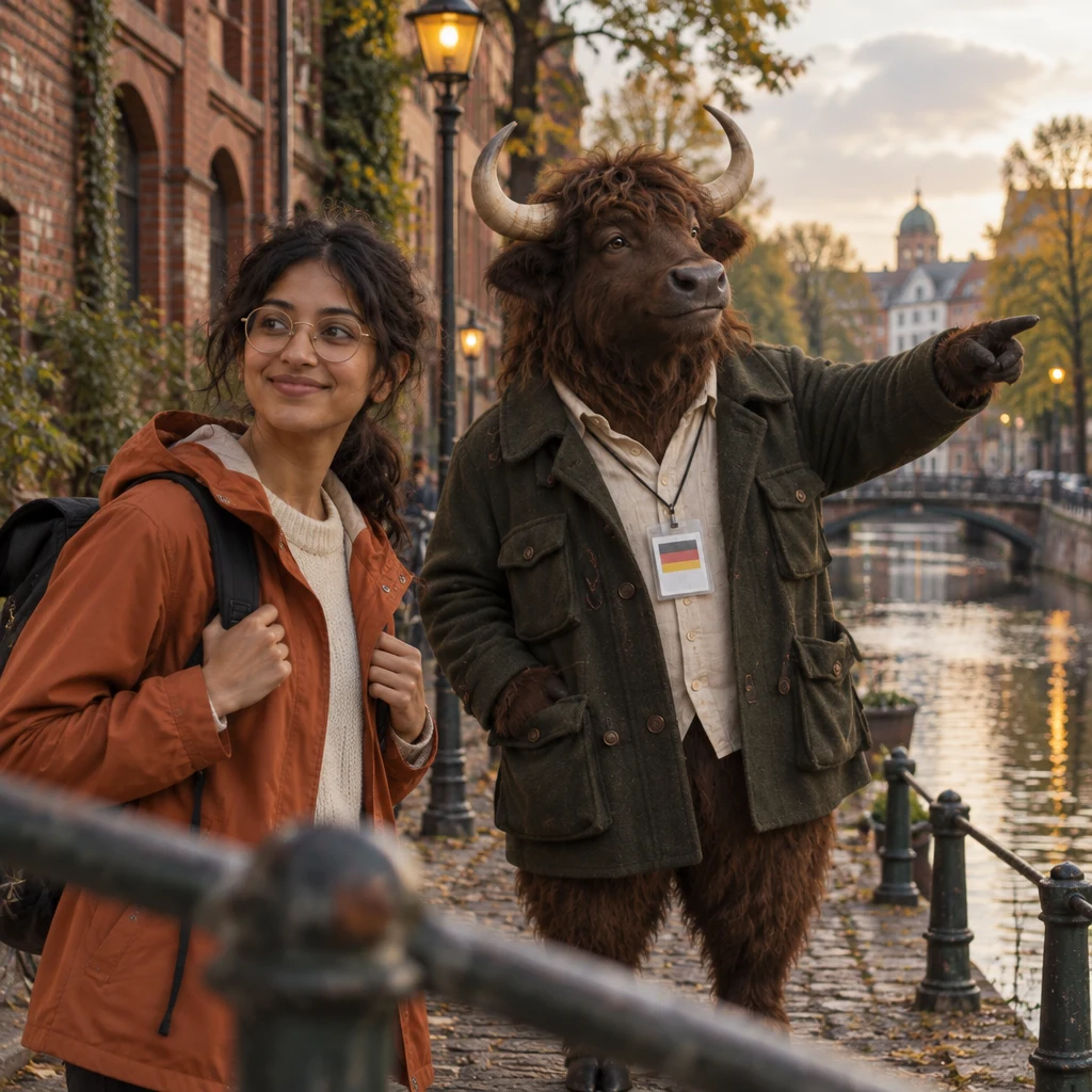 Priya looks down the canal path as Anton points toward the next station.