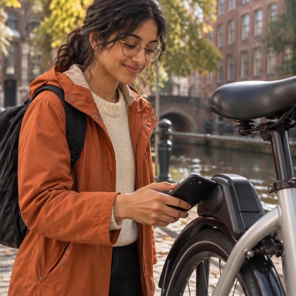 Priya taps her phone beside the still-closed bike lock to unlock it.