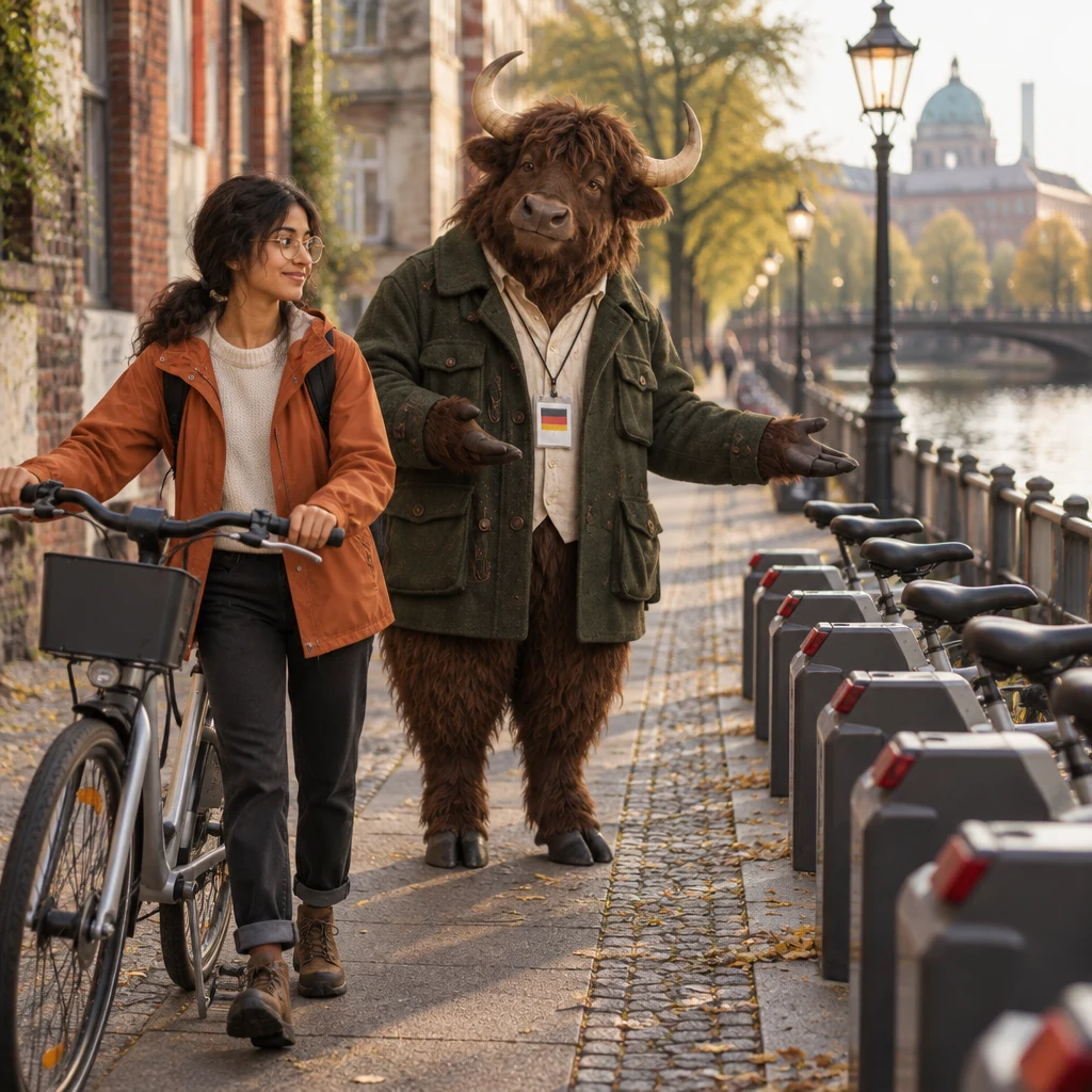 Priya brings an undocked hire bike to the full dock while Anton indicates the occupied spaces.