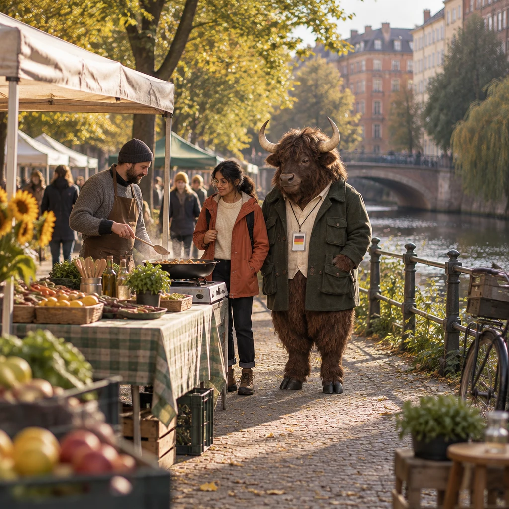 Priya and Anton stand beside a canal market stall as Priya looks toward a pan.