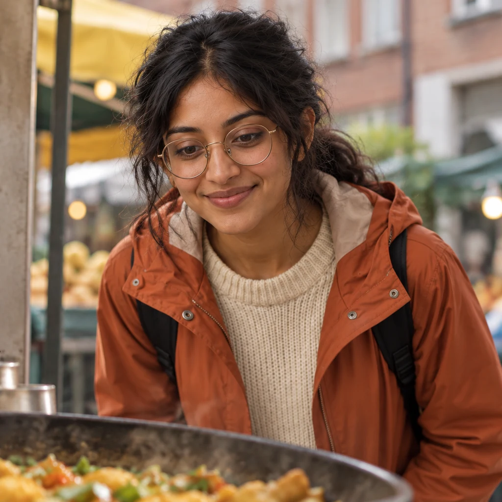 Priya leans in to peer into the pan and consider its contents.