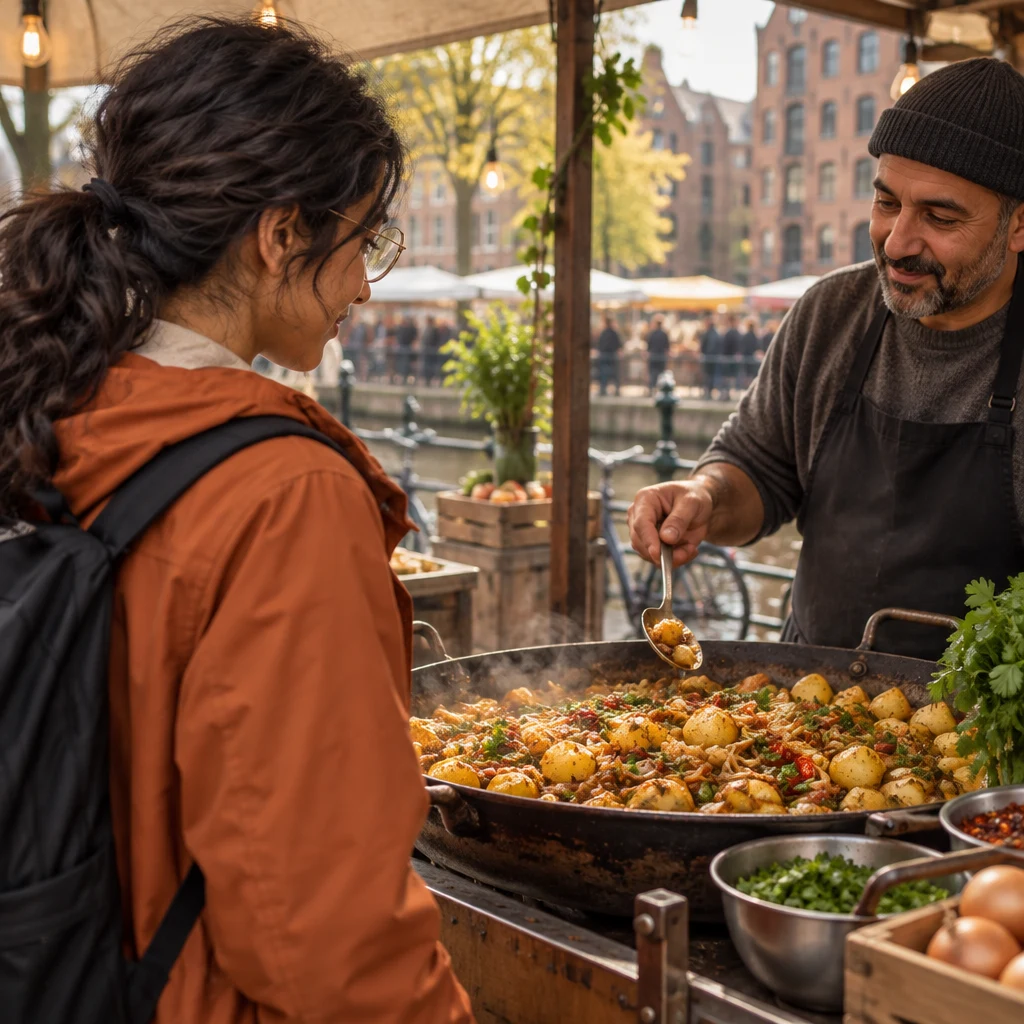 Priya looks into the pan while checking with the vendor what the food contains.