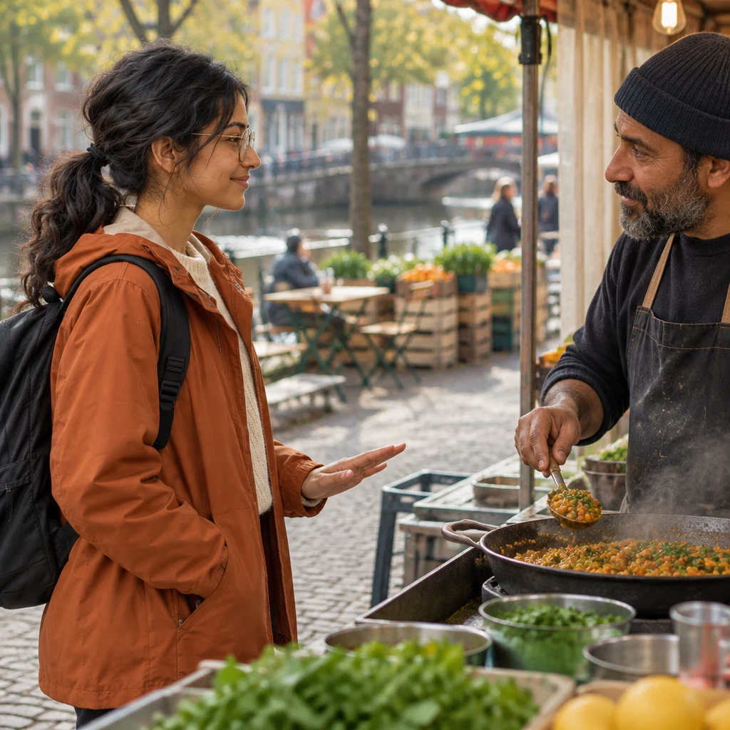 Priya holds one palm low beside the pan to request a mild portion.