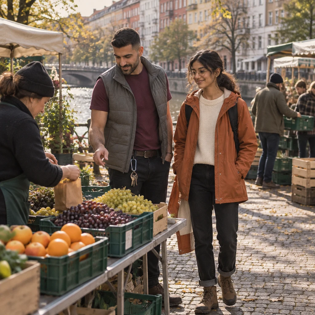 Deniz stops Priya beside the grape stall as the Friday market packs up.