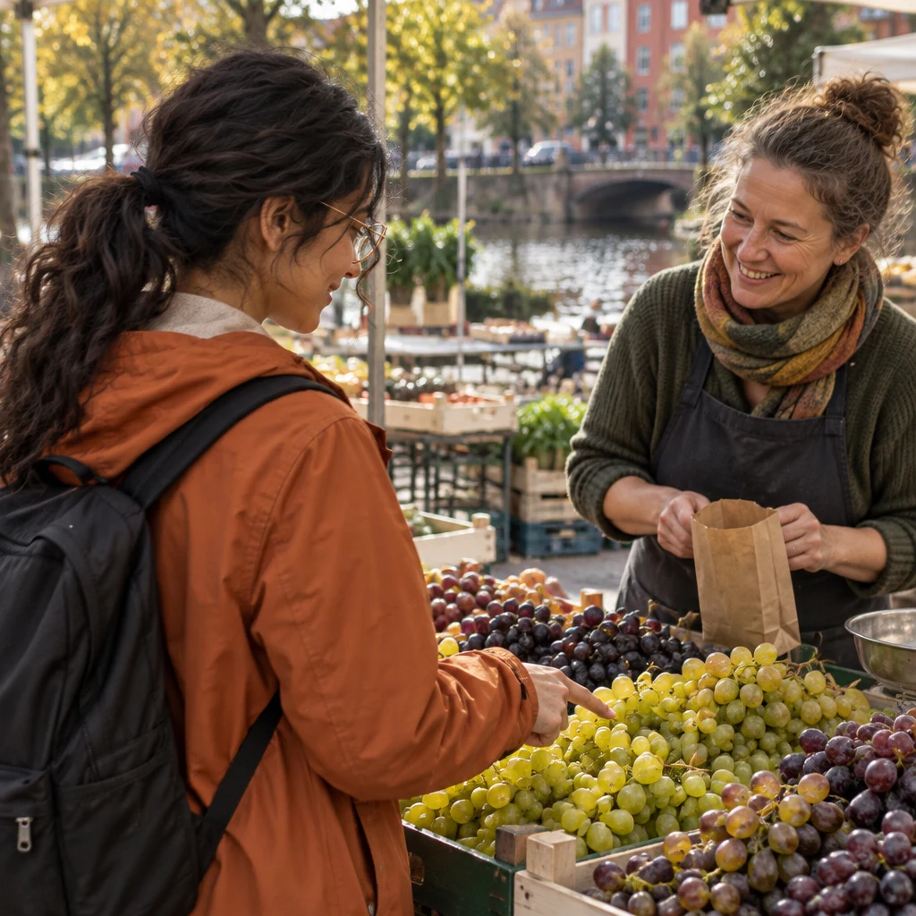 Priya points to the grapes and asks the stall holder whether they are ripe.