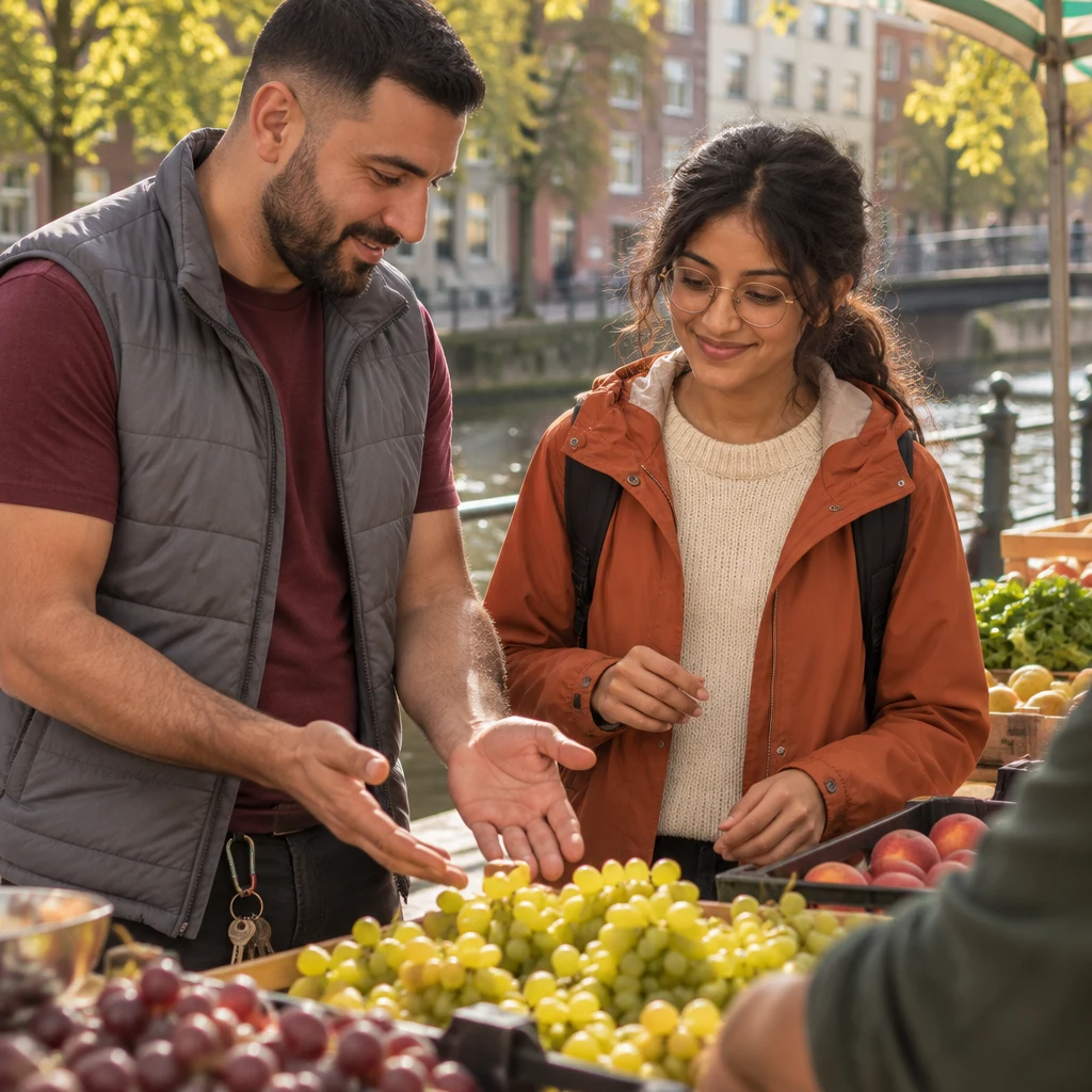 Deniz gestures over the grapes to encourage Priya to ask for a kilo.