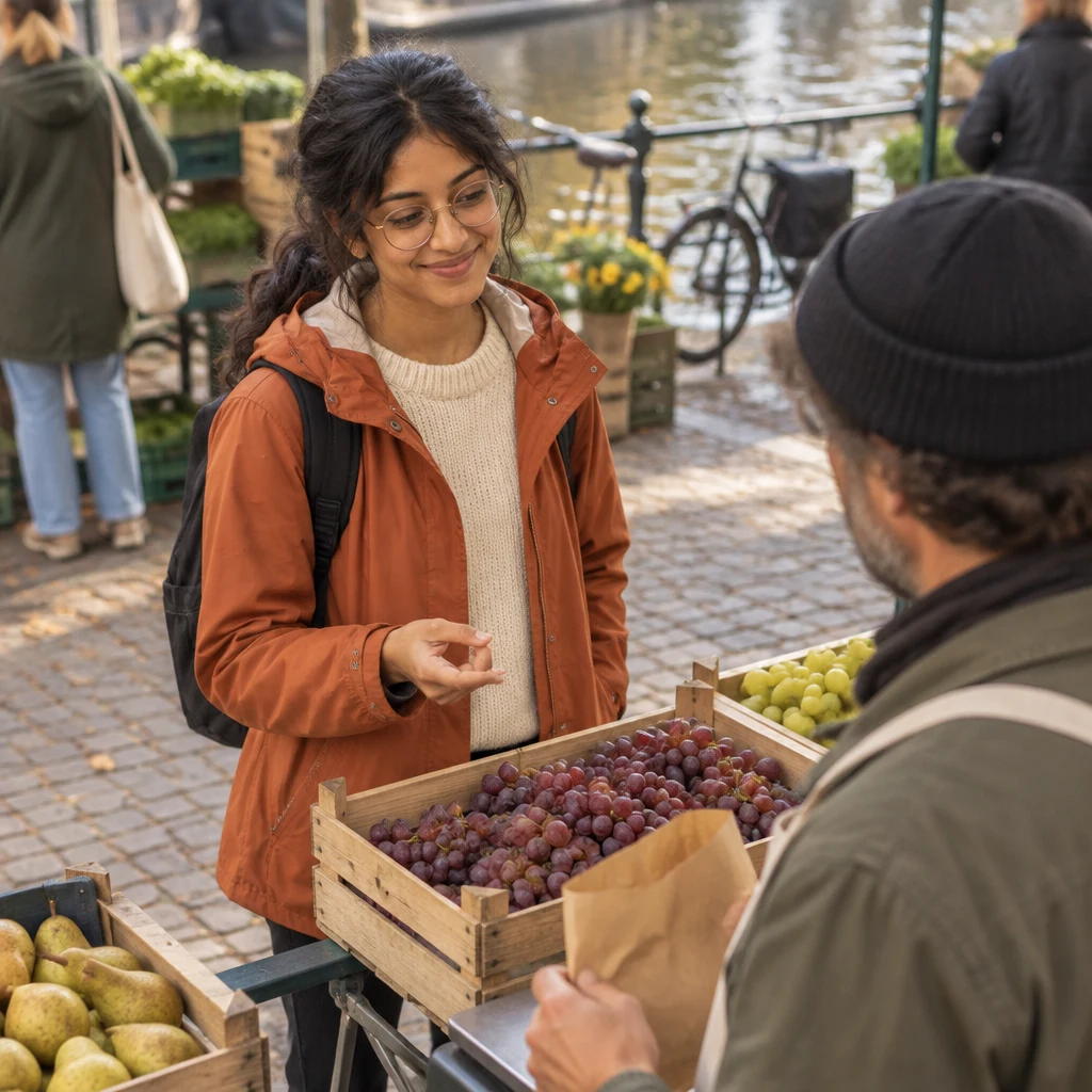 Priya indicates that she would like half a kilo of grapes.