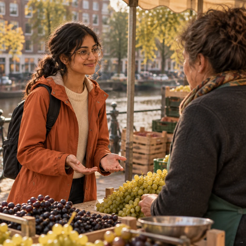 Priya politely asks the stall holder for a better price.