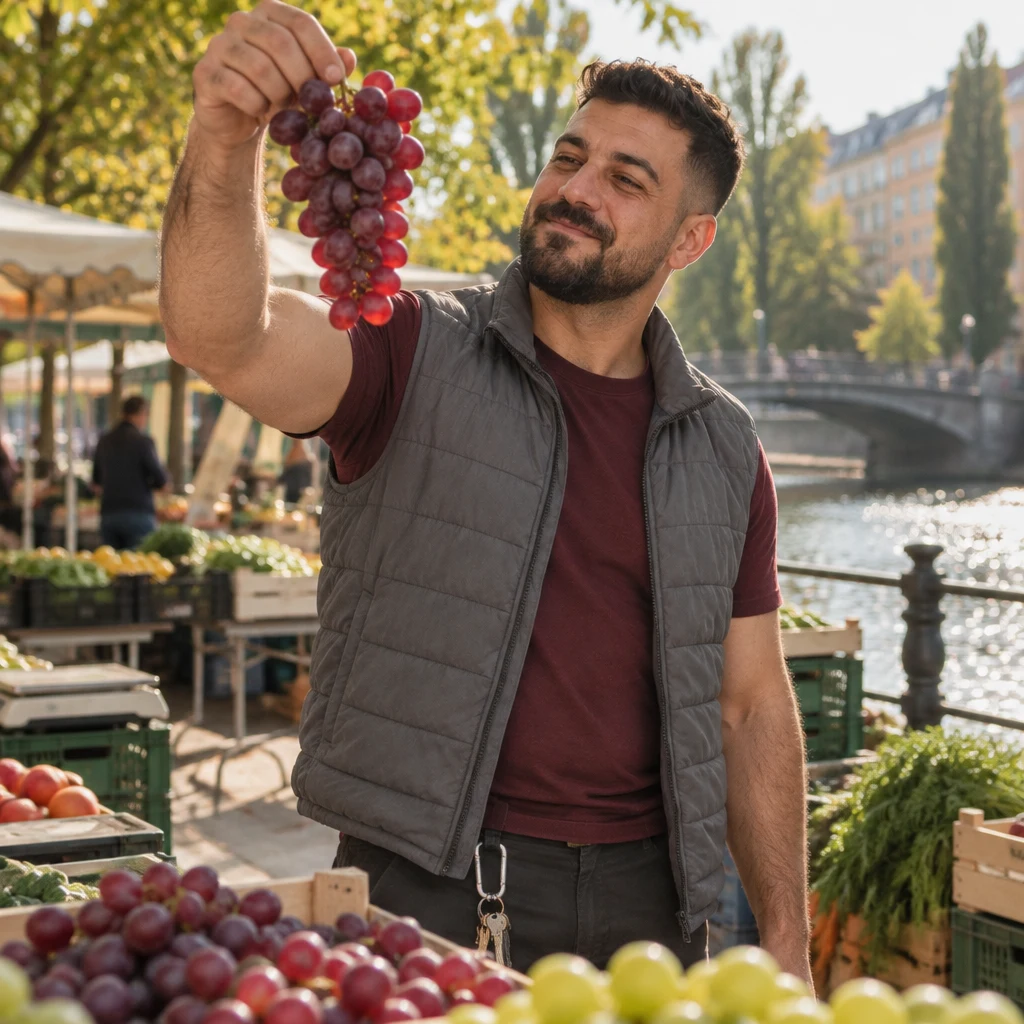 Deniz holds up a bunch of grapes to check them in the afternoon light.