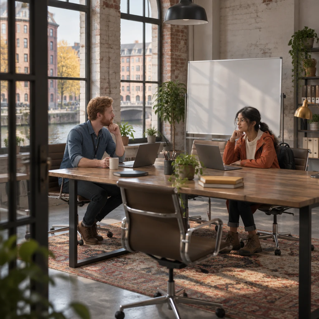 Jonas and Priya sit across the table in the quiet loft after their meeting.