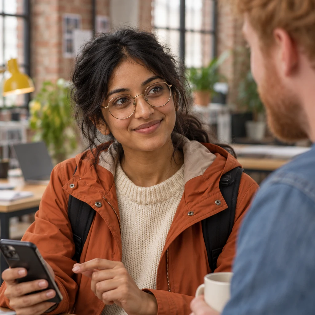 Priya looks toward Jonas with her phone in hand, ready to give an example.