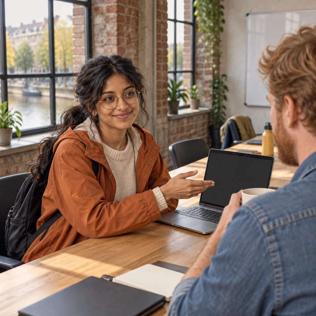 Priya points toward her laptop as she offers uploading a large photo as an example.
