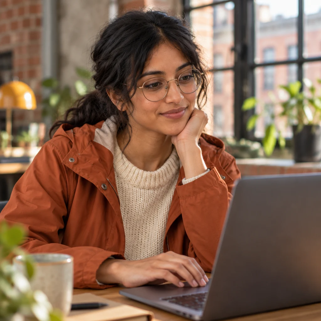 Priya pauses over her laptop as she describes a typical case of sitting on the U-Bahn.