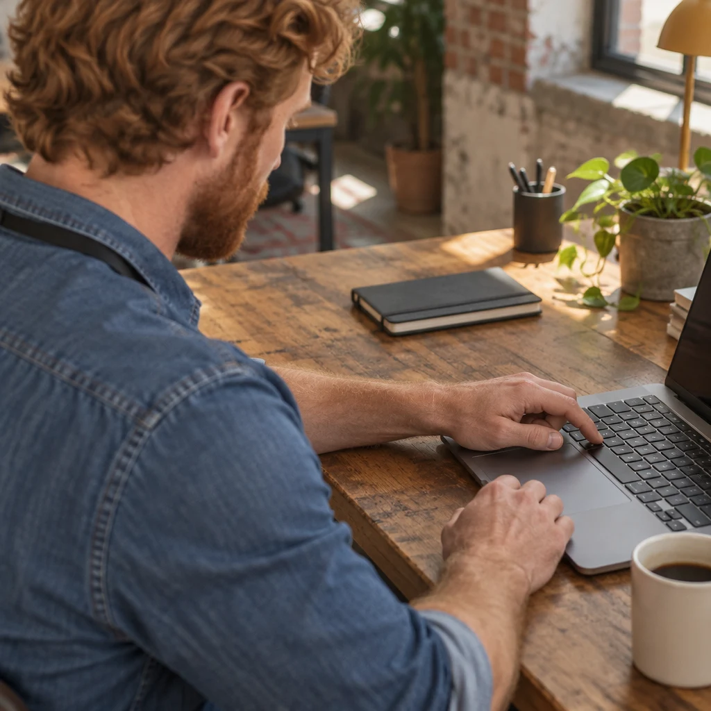 Jonas presses a key on his laptop while considering how the same issue can happen during saving.