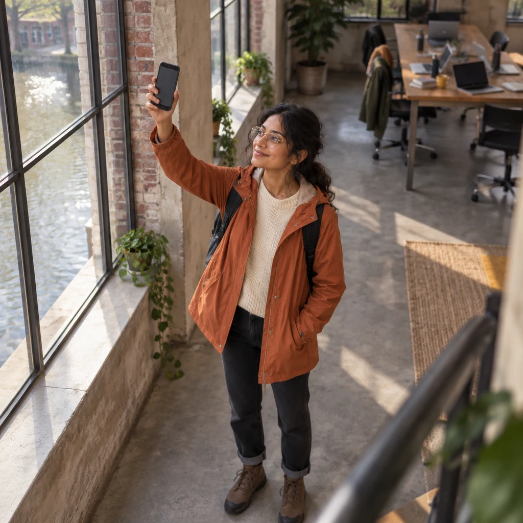 Priya holds up her blank phone by the loft windows as she demonstrates a weak signal.