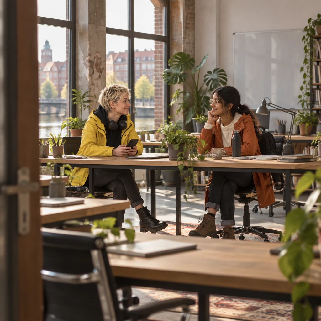 Jule and Priya sit across from each other in the quiet canal-side loft.