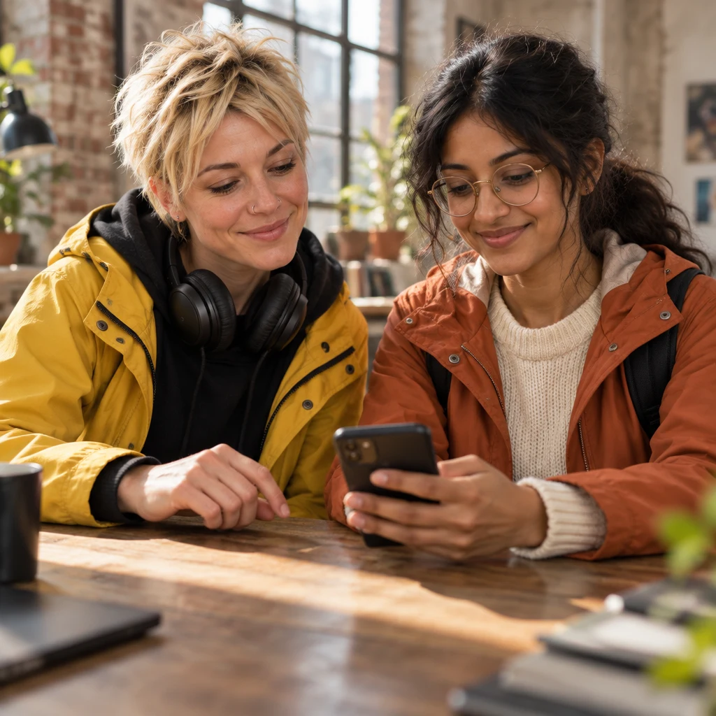 Priya turns her phone toward Jule to share her contact details.