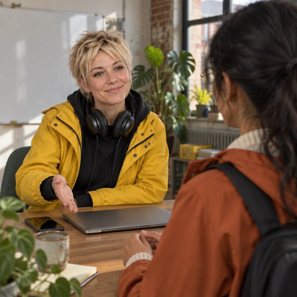 Jule gestures toward the closed laptop as she asks Priya for her email address.