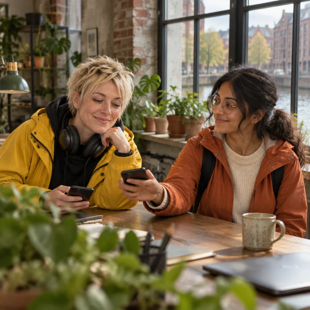Priya offers her phone toward Jule as she shares her email address.