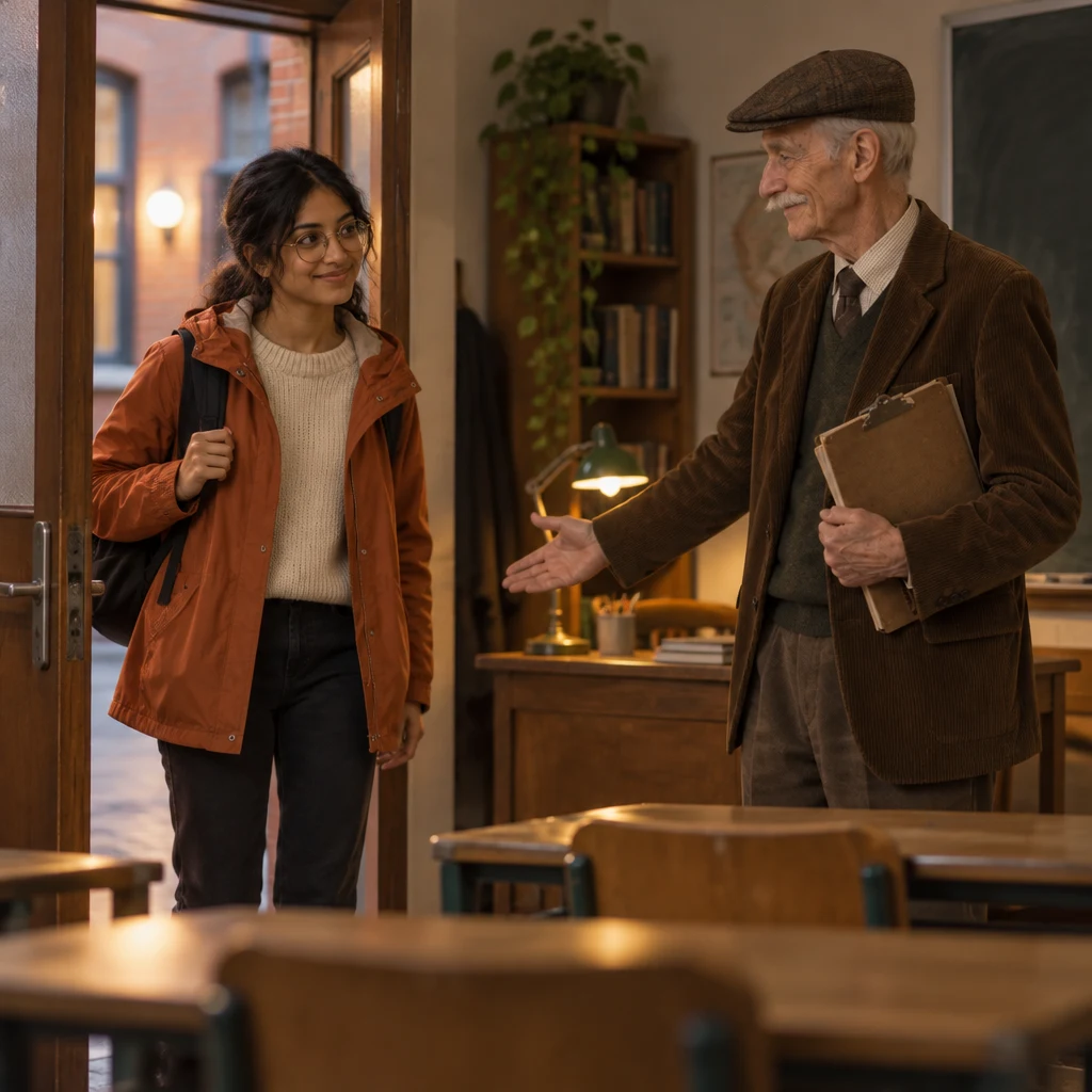 Priya steps into the classroom as Herr Schulze welcomes her and gestures toward a seat.