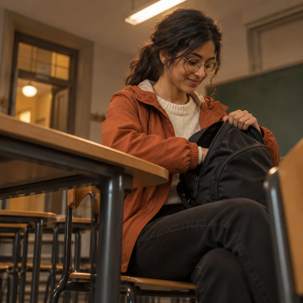 Priya searches her open backpack and finds that her notebook is missing.
