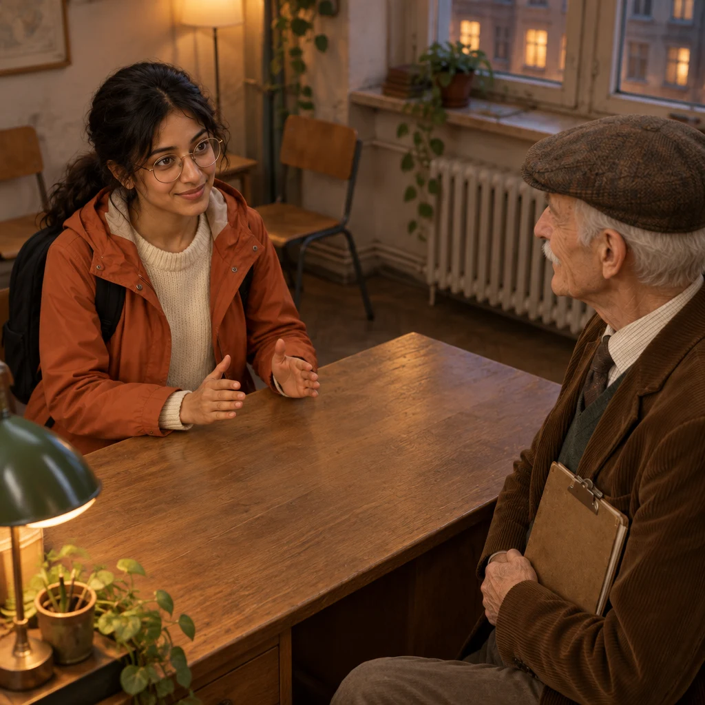 Priya asks Herr Schulze for a little more time to hand in her homework tomorrow.