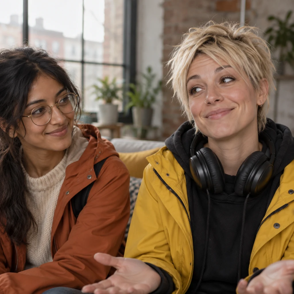 Jule gives a helpless shrug as Priya turns toward her to listen.