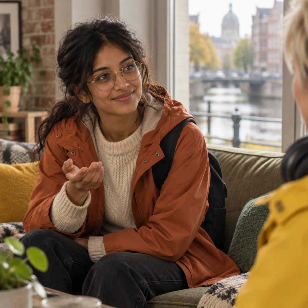 Priya raises one hand slightly as she asks Jule where she got lost.
