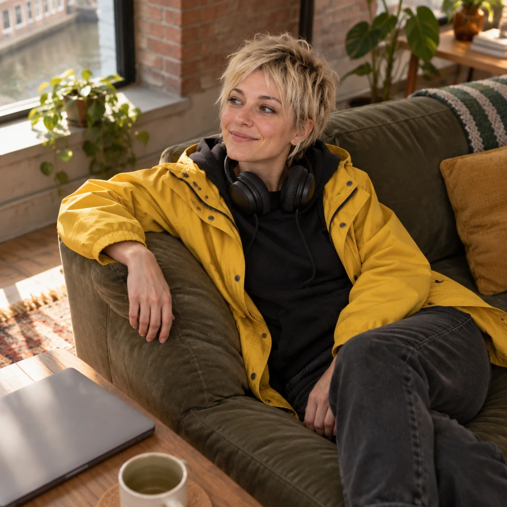 Jule sinks into the sofa, looking tired after finding her way back to the canal.