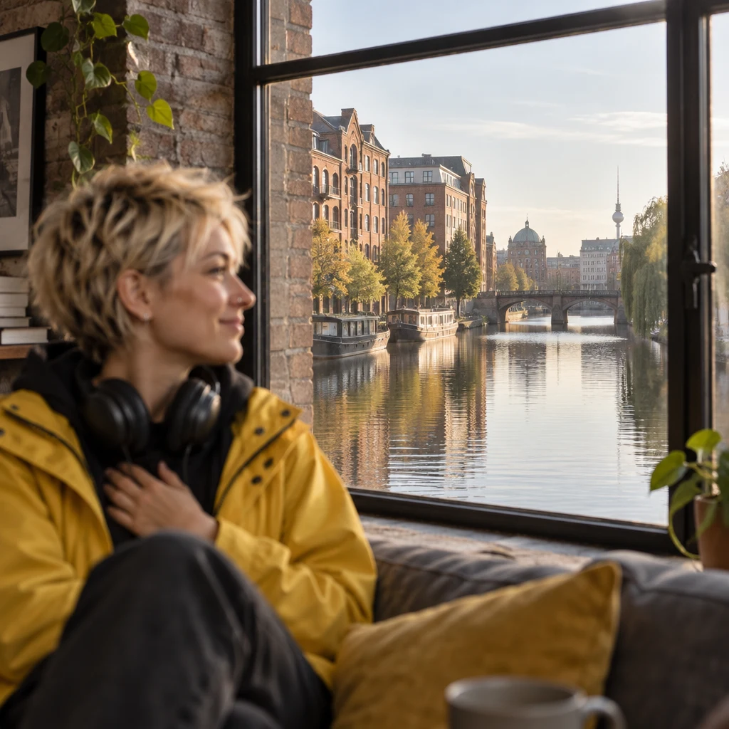 The quiet canal fills the window view while Jule sits turned toward it with a hand on her chest.