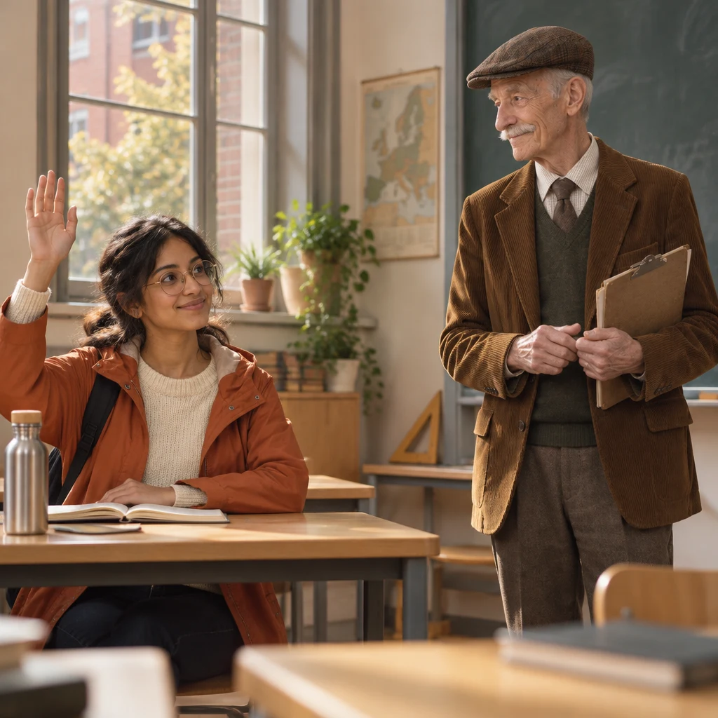 Priya raises her hand to get Herr Schulze’s attention before asking her question.
