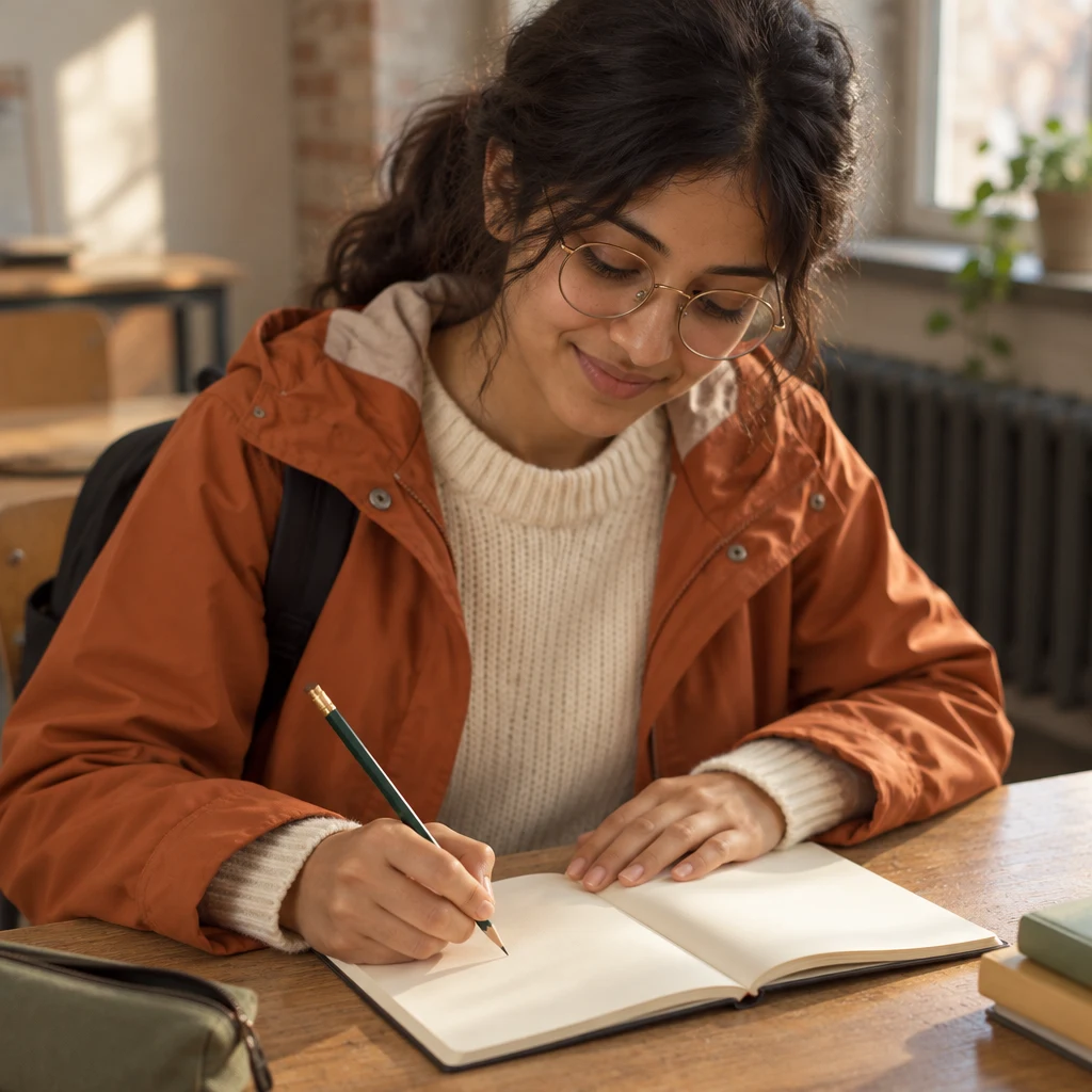 Priya works through an exercise in her open notebook, showing that she needs more practice.
