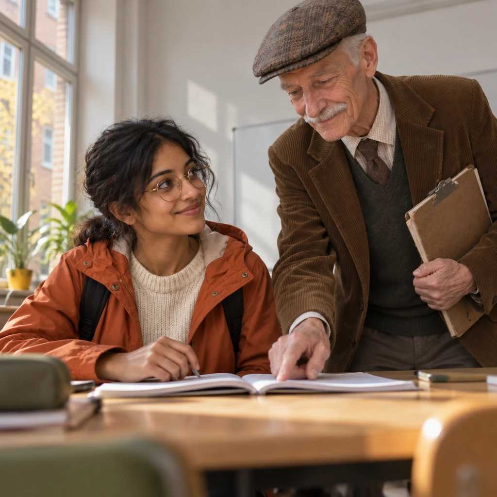 Herr Schulze offers support beside Priya’s desk as she agrees she can manage with help.