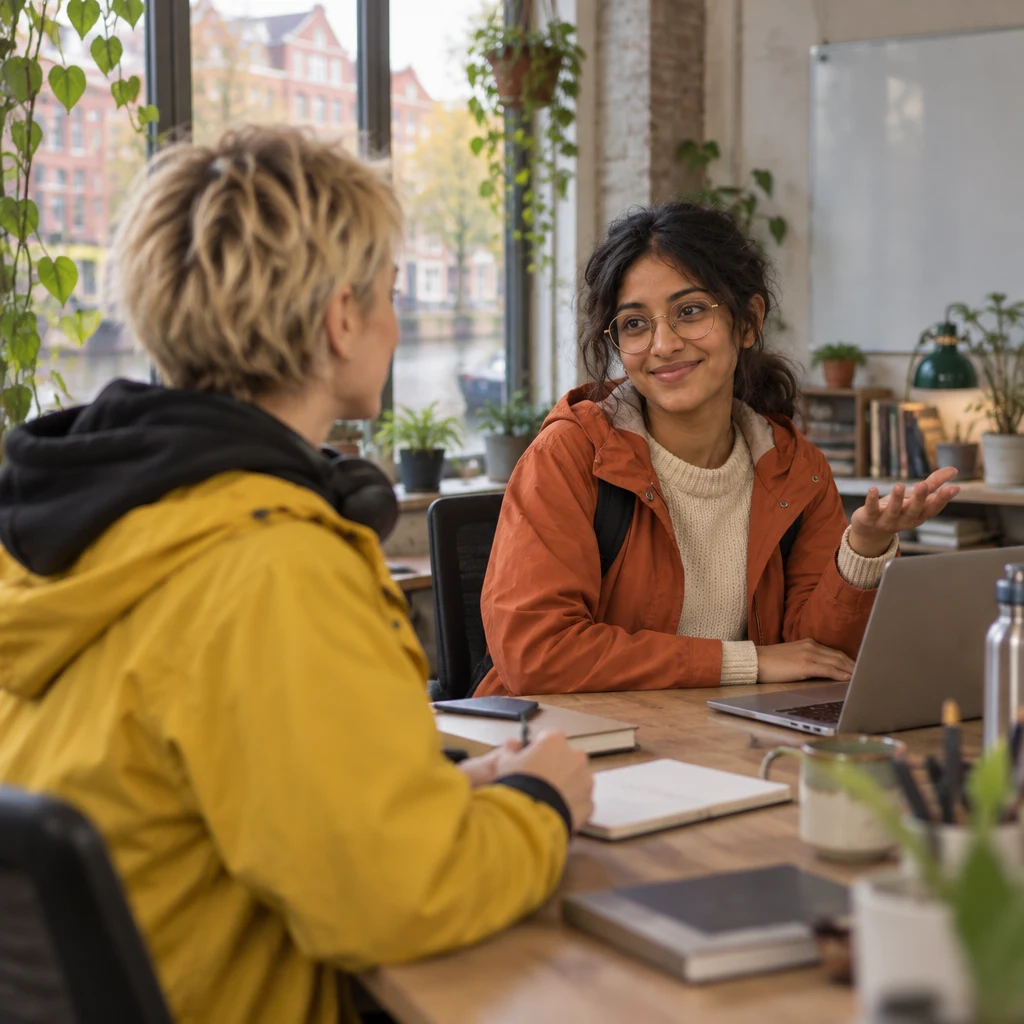 Priya turns from her laptop toward Jule with an open, questioning gesture.