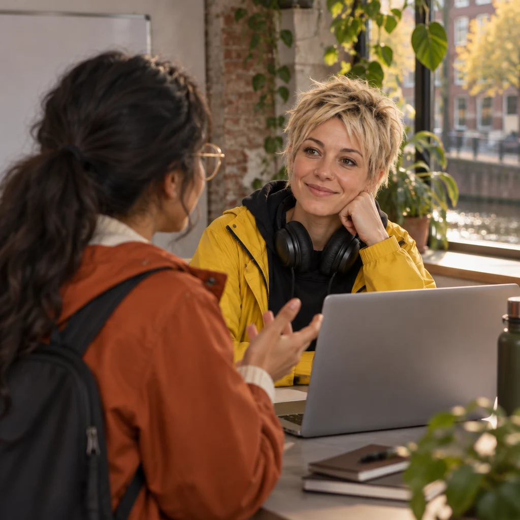 Priya leans toward Jule across the desk with a focused, questioning gesture.