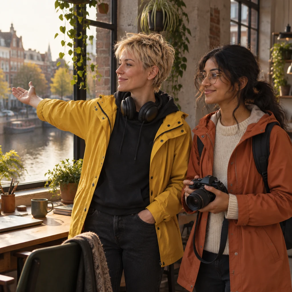 Jule looks toward the canal beside Priya, who holds her camera near the loft window.