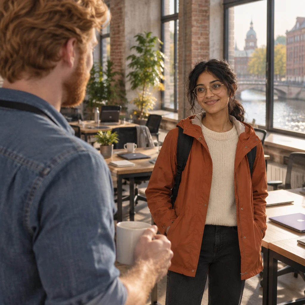 Jonas turns toward Priya as she welcomes the idea of a canal walk.