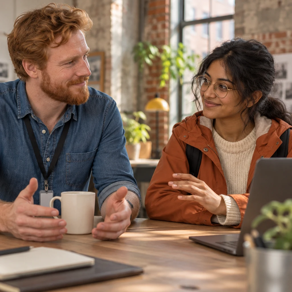 Jonas and Priya keep their gestures open as they discuss protecting their working relationship.